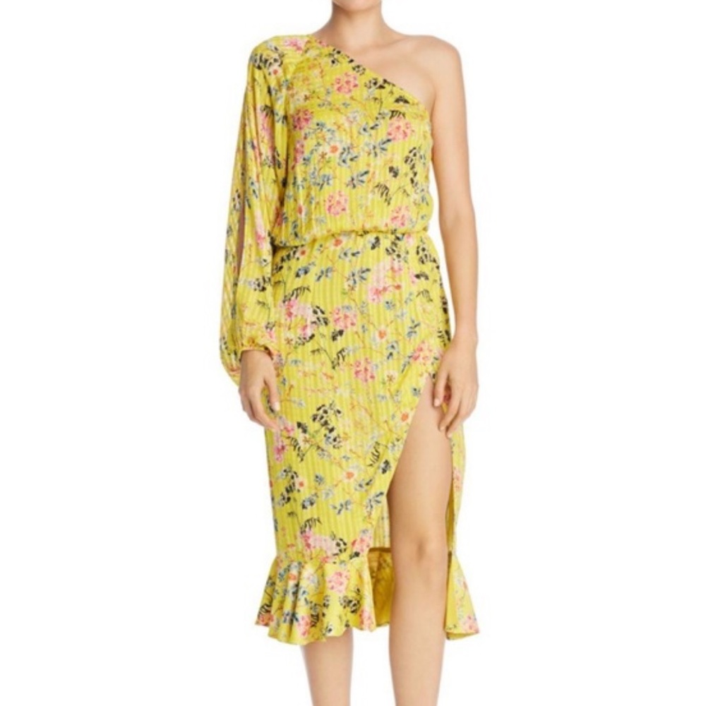 Hemant And Nandita One Shoulder Midi Dress, High Slit Yellow Size Small
